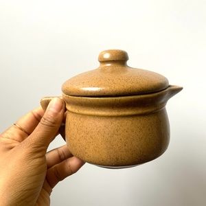 Small Caramel Brown Stoneware Pot w/Lid